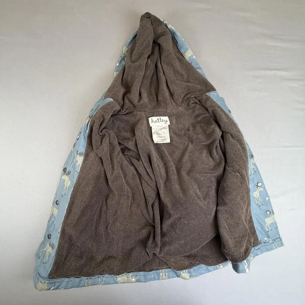 Hatley Rain Coat Kids 6-7 Blue Moose Print Hooded Snap Terry Lined Rainwear